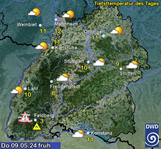 Vorhersage für heute früh mit Tiefsttemperatur und Wetter für Region Suedwest