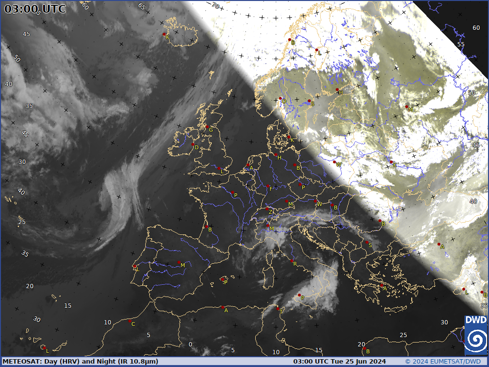 Aktuelles Europabild vom Meteosat (HRV und IR mit topographischem Hintergrund), 3 stündige Aktualisierung