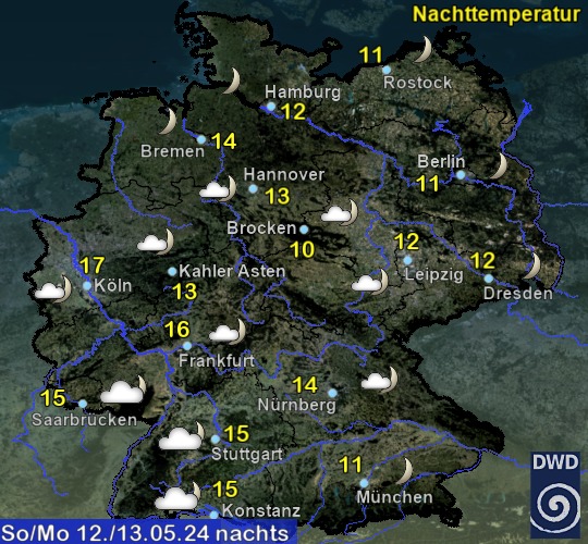 Vorhersage für heute nacht mit Tiefsttemperatur und Wetter für Deutschland