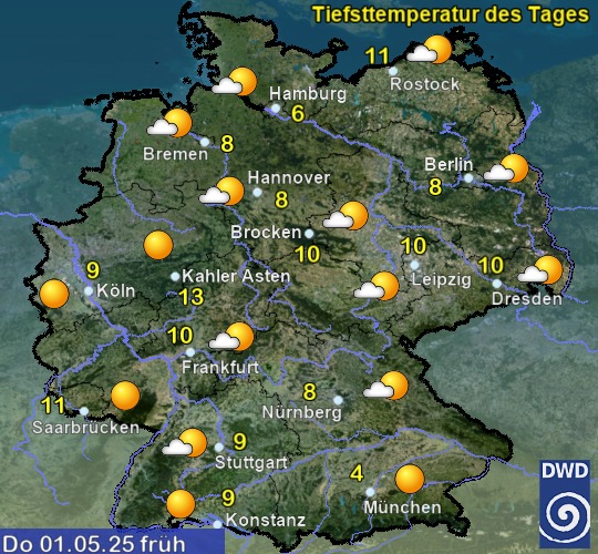 Vorhersage für morgen früh mit Tiefsttemperatur und Wetter