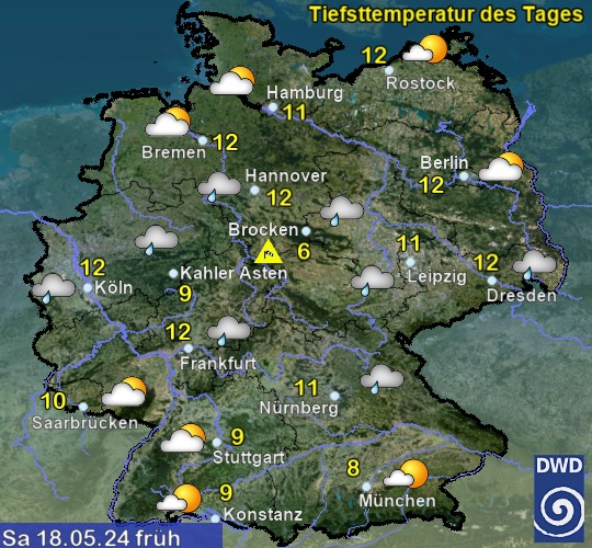 Vorhersage für Deutschland für den 4. Tag früh mit Temperatur und Wetter
