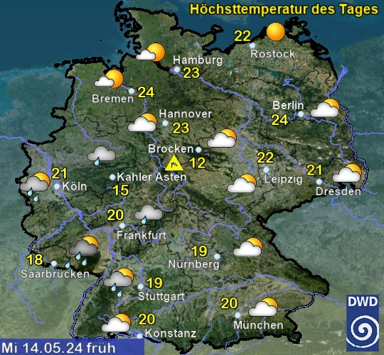 Vorhersage für Deutschland für den 4. Tag spät mit Temperatur und Wetter