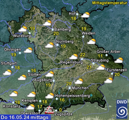 Vorhersage für heute mit Mittagstemperatur und Wetter für Region Suedost