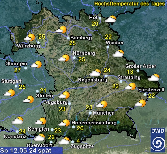 Vorhersage für morgen mit Höchsttemperatur und Wetter für Region Suedost