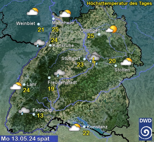 Vorhersage für heute mit Höchsttemperatur und Wetter für Region Suedwest