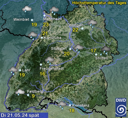 Vorhersage für 4. Tag mit Höchsttemperatur und Wetter für Region Suedwest