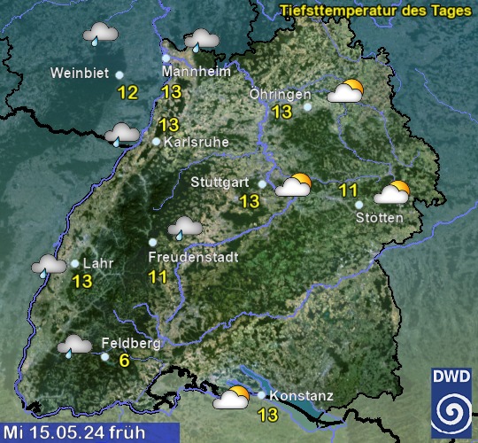Vorhersage für übermorgen früh mit Tiefsttemperatur und Wetter für Region Suedwest