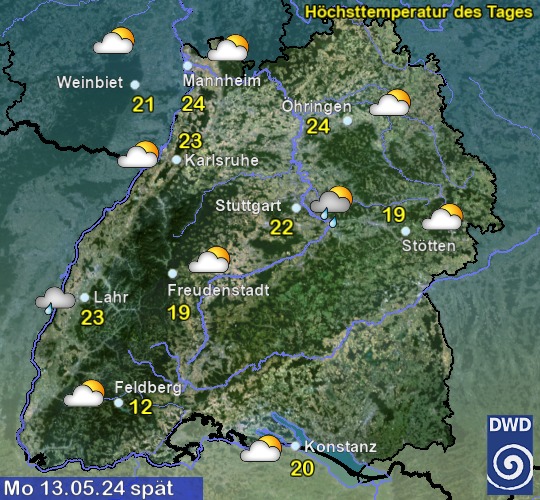 Vorhersage für übermorgen mit Höchsttemperatur und Wetter für Region Suedwest