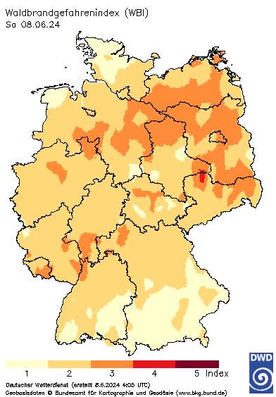 Deutschlandkarte mit dem Tageswert des Waldbrand-Gefahrenindex WBI, heute