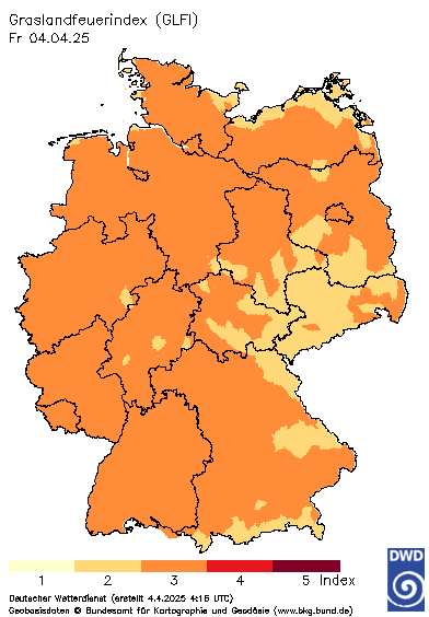 Deutschlandkarte mit dem Tageswert des Grasland-Feuerindex, heute (12 UTC - Wert)