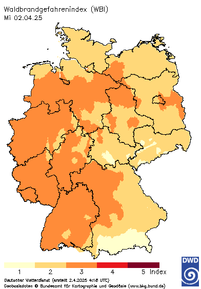 Deutschlandkarte mit dem Tageswert des Waldbrand-Gefahrenindex WBI, heute