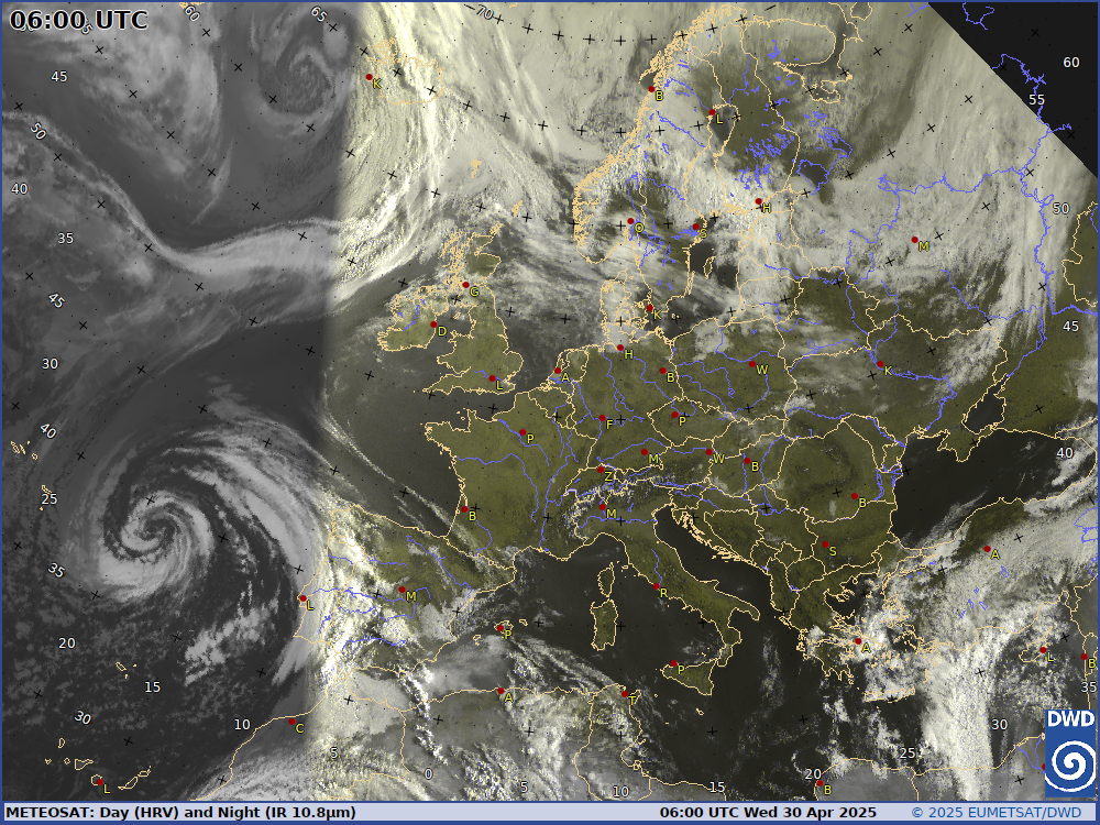 Aktuelles Europabild vom Meteosat (HRV und IR mit topographischem Hintergrund), 3 stündige Aktualisierung