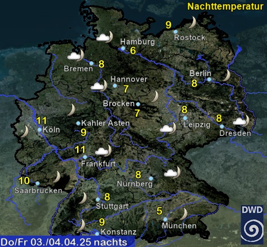 Vorhersage für heute nacht mit Tiefsttemperatur und Wetter für Deutschland