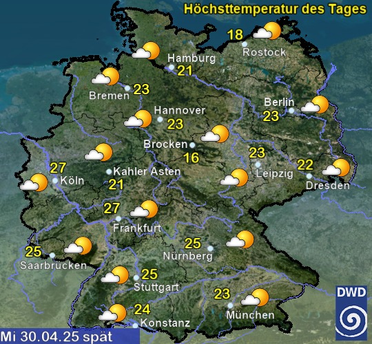 Vorhersage für heute spät mit Höchsttemperatur und Wetter für Deutschland