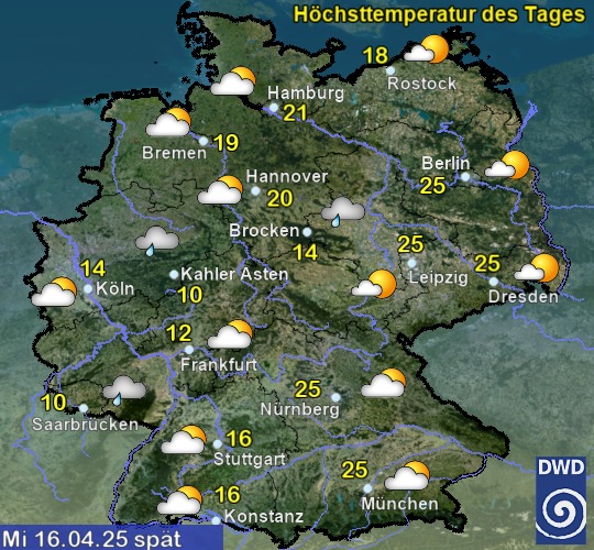 Vorhersage für morgen spät mit Tiefsttemperatur und Wetter