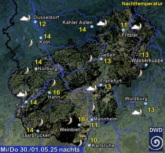 Vorhersage für heute mit Nachttemperatur und Wetter für Region Mitte