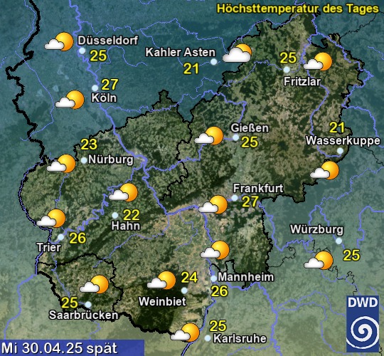 Vorhersage für heute mit Höchsttemperatur und Wetter für Region Mitte