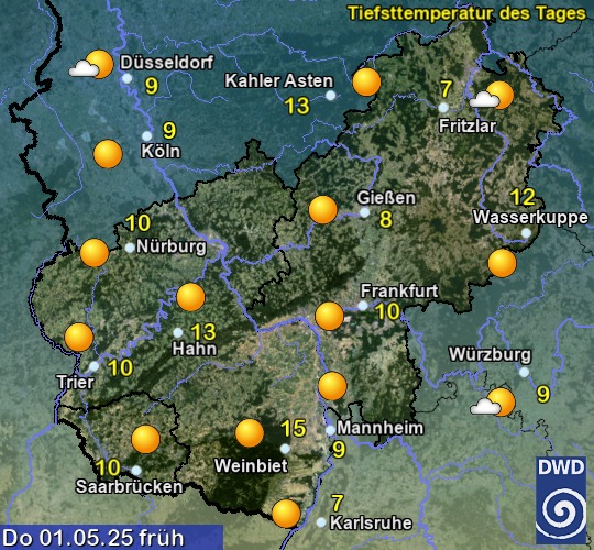 Vorhersage für morgen früh mit Tiefsttemperatur und Wetter für Region Mitte