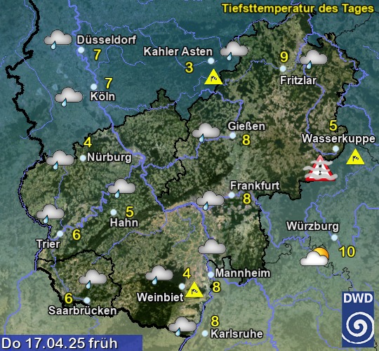 Vorhersage für übermorgen früh mit Tiefsttemperatur und Wetter für Region Mitte