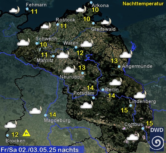 Vorhersage für heute mit Nachttemperatur und Wetter für Region Nordost