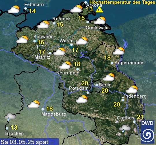 Vorhersage für morgen mit Höchsttemperatur und Wetter für Region Nordost