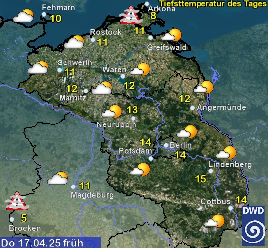 Vorhersage für übermorgen früh mit Tiefsttemperatur und Wetter für Region Nordost