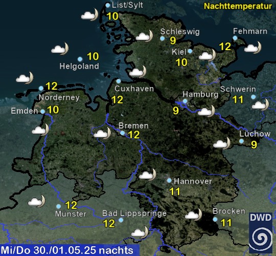 Vorhersage für heute mit Nachttemperatur und Wetter für Region Nordwest