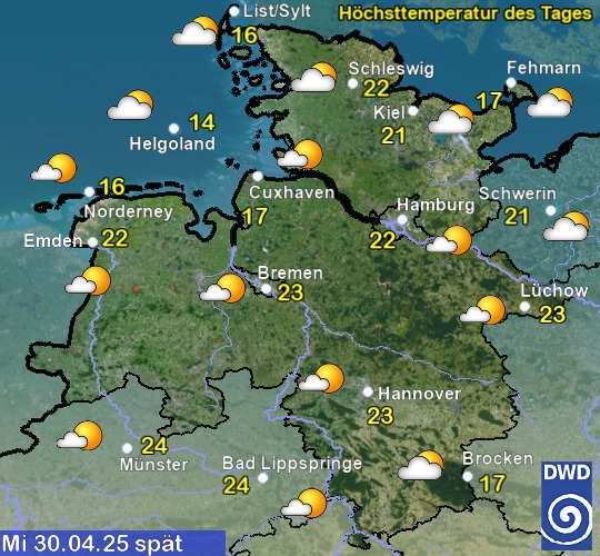 Vorhersage für heute mit Höchsttemperatur und Wetter für Region Nordwest