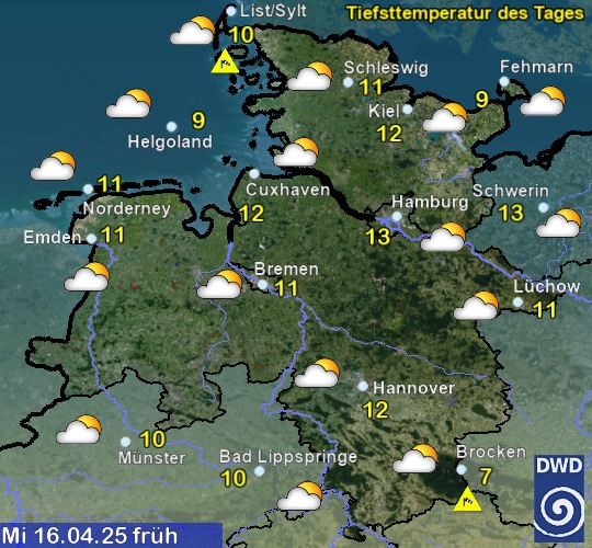 Vorhersage für morgen früh mit Tiefsttemperatur und Wetter für Region Nordwest