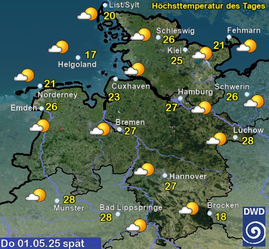 Vorhersage für morgen mit Höchsttemperatur und Wetter für Region Nordwest