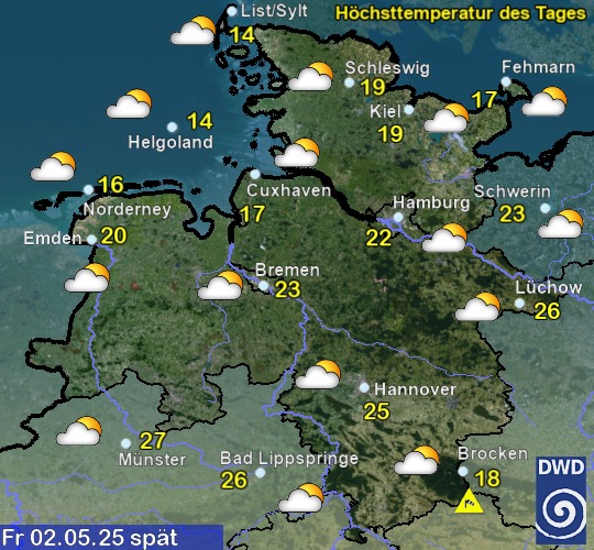 Vorhersage für übermorgen mit Höchsttemperatur und Wetter für Region Nordwest