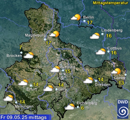 Vorhersage für heute mit Mittagstemperatur und Wetter für Region Ost