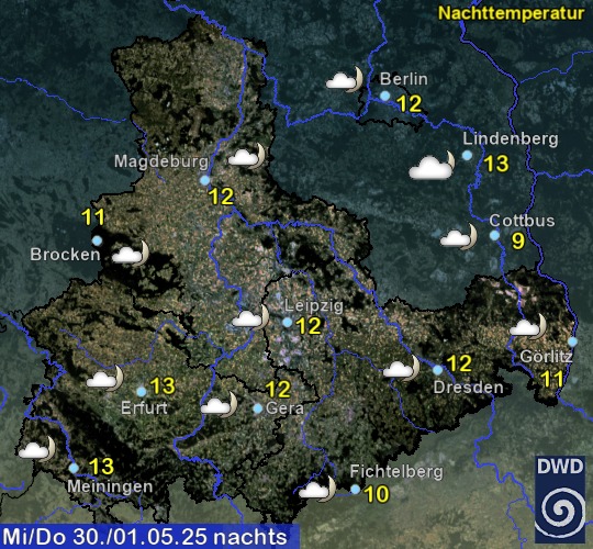 Vorhersage für heute mit Nachttemperatur und Wetter für Region Ost