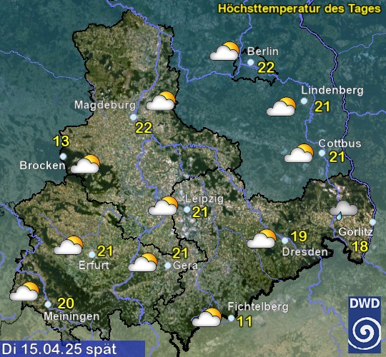 Vorhersage für heute mit Höchsttemperatur und Wetter für Region Ost