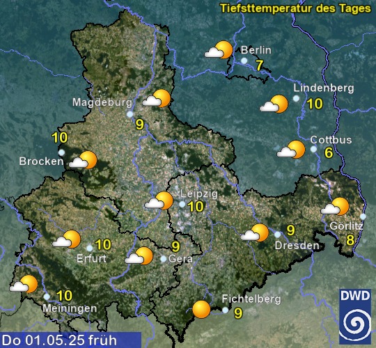 Vorhersage für morgen früh mit Tiefsttemperatur und Wetter für Region Ost