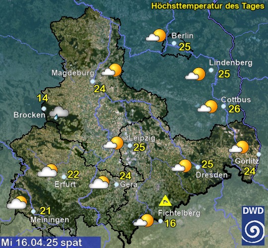 Vorhersage für morgen mit Höchsttemperatur und Wetter für Region Ost