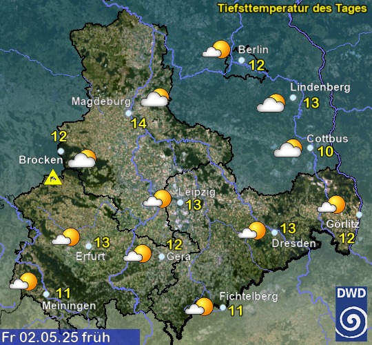 Vorhersage für übermorgen früh mit Tiefsttemperatur und Wetter für Region Ost