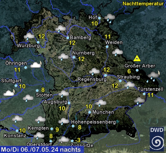 Vorhersage für heute mit Nachttemperatur und Wetter für Region Suedost