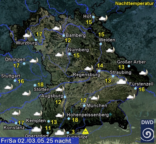 Vorhersage für heute mit Nachttemperatur und Wetter für Region Suedost