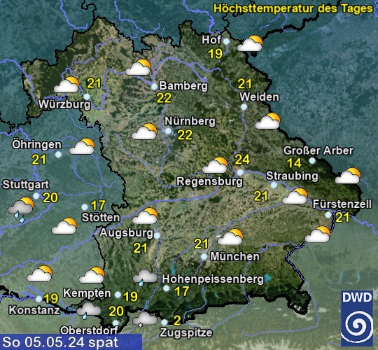 Vorhersage für 4. Tag mit Höchsttemperatur und Wetter für Region Suedost