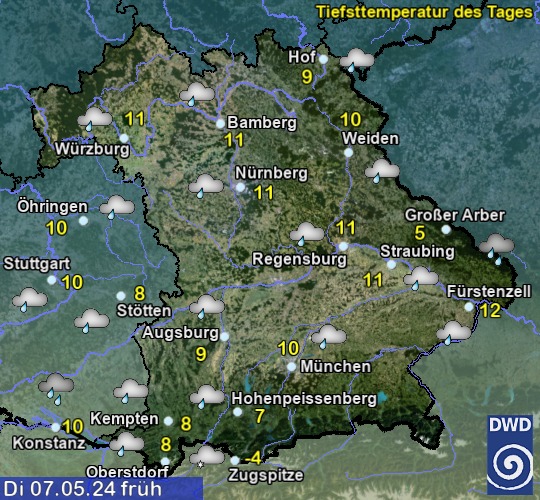 Vorhersage für übermorgen früh mit Tiefsttemperatur und Wetter für Region Suedost