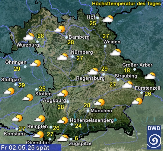 Vorhersage für übermorgen mit Höchsttemperatur und Wetter für Region Suedost