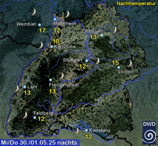 Vorhersage für heute mit Nachttemperatur und Wetter für Region Suedwest