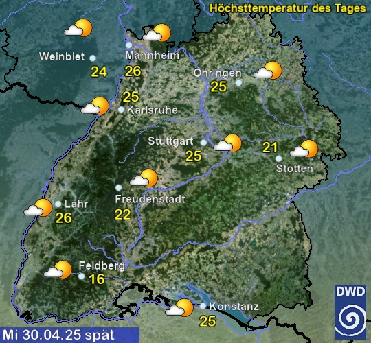 Vorhersage für heute mit Höchsttemperatur und Wetter für Region Suedwest