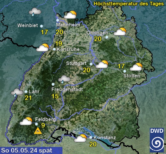 Vorhersage für übermorgen mit Höchsttemperatur und Wetter für Region Suedwest