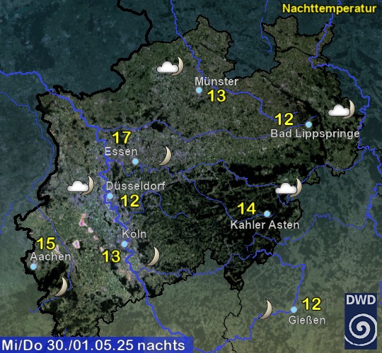 Vorhersage für heute mit Nachttemperatur und Wetter für Region West