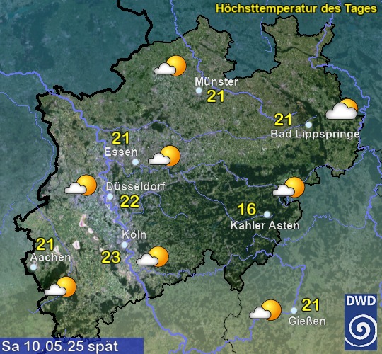 Vorhersage für heute mit Höchsttemperatur und Wetter für Region West