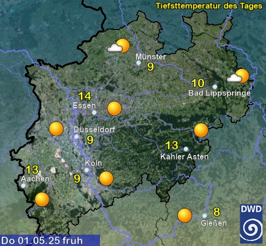 Vorhersage für morgen früh mit Tiefsttemperatur und Wetter für Region West