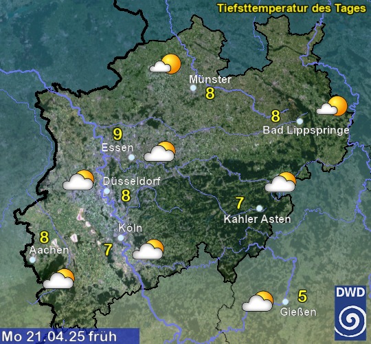 Vorhersage für übermorgen früh mit Tiefsttemperatur und Wetter für Region West